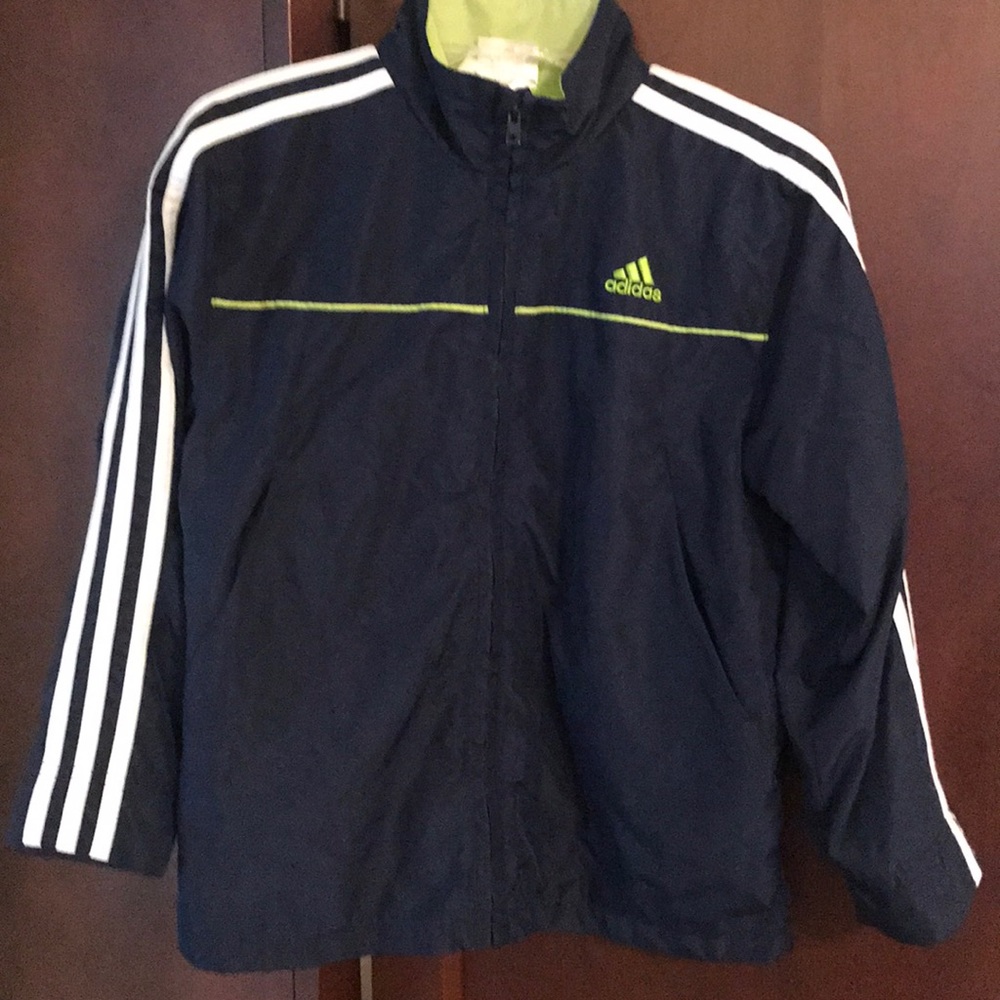 adidas Navy Blue Jacket with White Stripes and Lime Accents